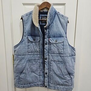 Levi Strauss Sherpa Lined Denim Vest Puffer Blue Padded Gilet Mens Size L